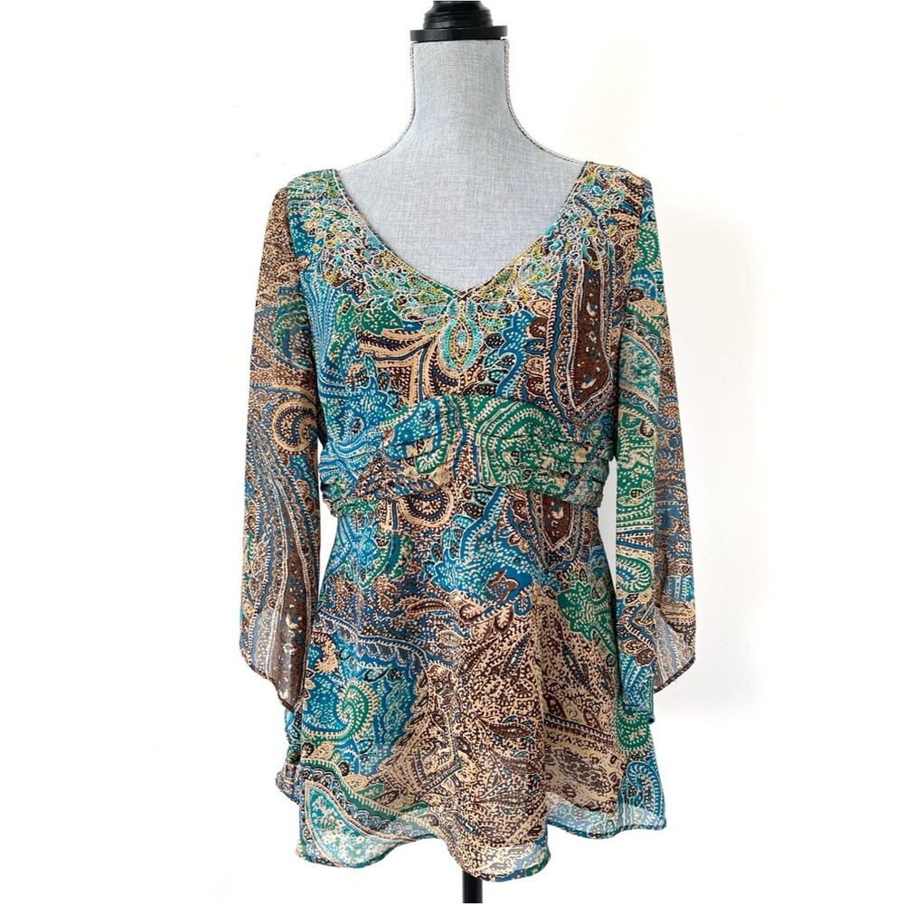 Classiques Entier Paisley V-Neck Blouse Teal, Blue, Brown Sz M Whimsy Fairy Chic